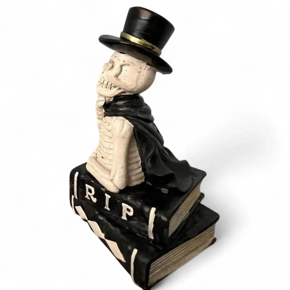 Spooky Halloween Skeleton Bust in Top Hat on RIP Books Decor Goth Dark Academia